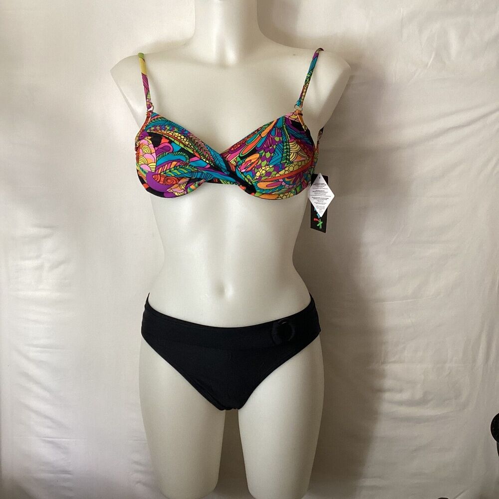 2140 NWT Bikini Bay Funky Feathers U/Wire Padded Tie Back Top w/Black Bottoms